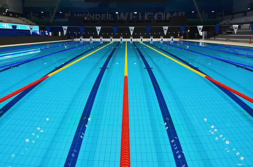 A competition pool with coloured lane ropes